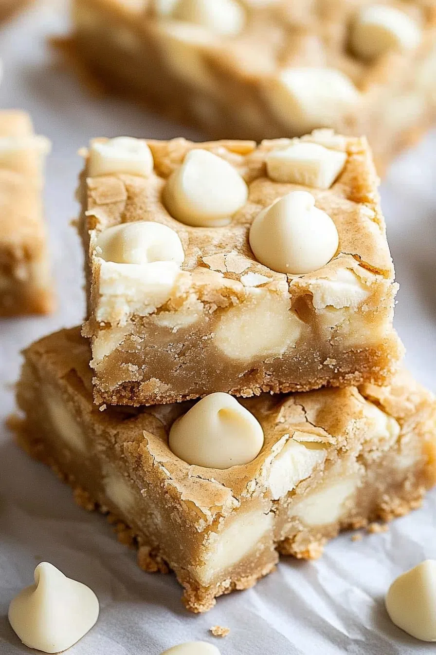 Overhead view of homemade blondies with a lightly golden crust.