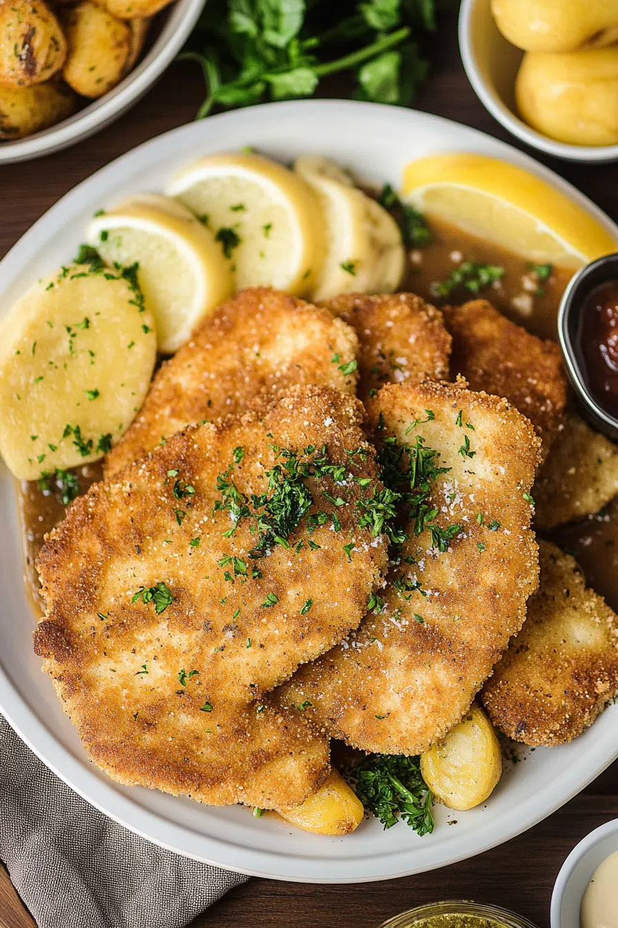 Classic plated meal featuring a breaded cutlet with sides of salad and roasted potatoes.