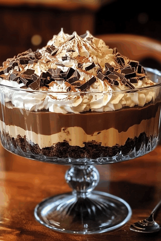 Elegant presentation of a layered sweet with cocoa dusting and garnishes.