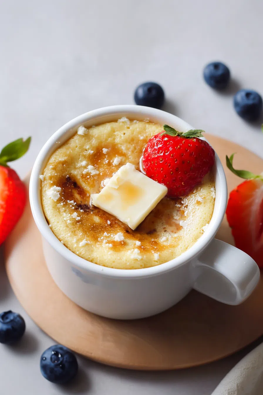 Warm baked treat rising over the rim of a white mug on a wooden surface.