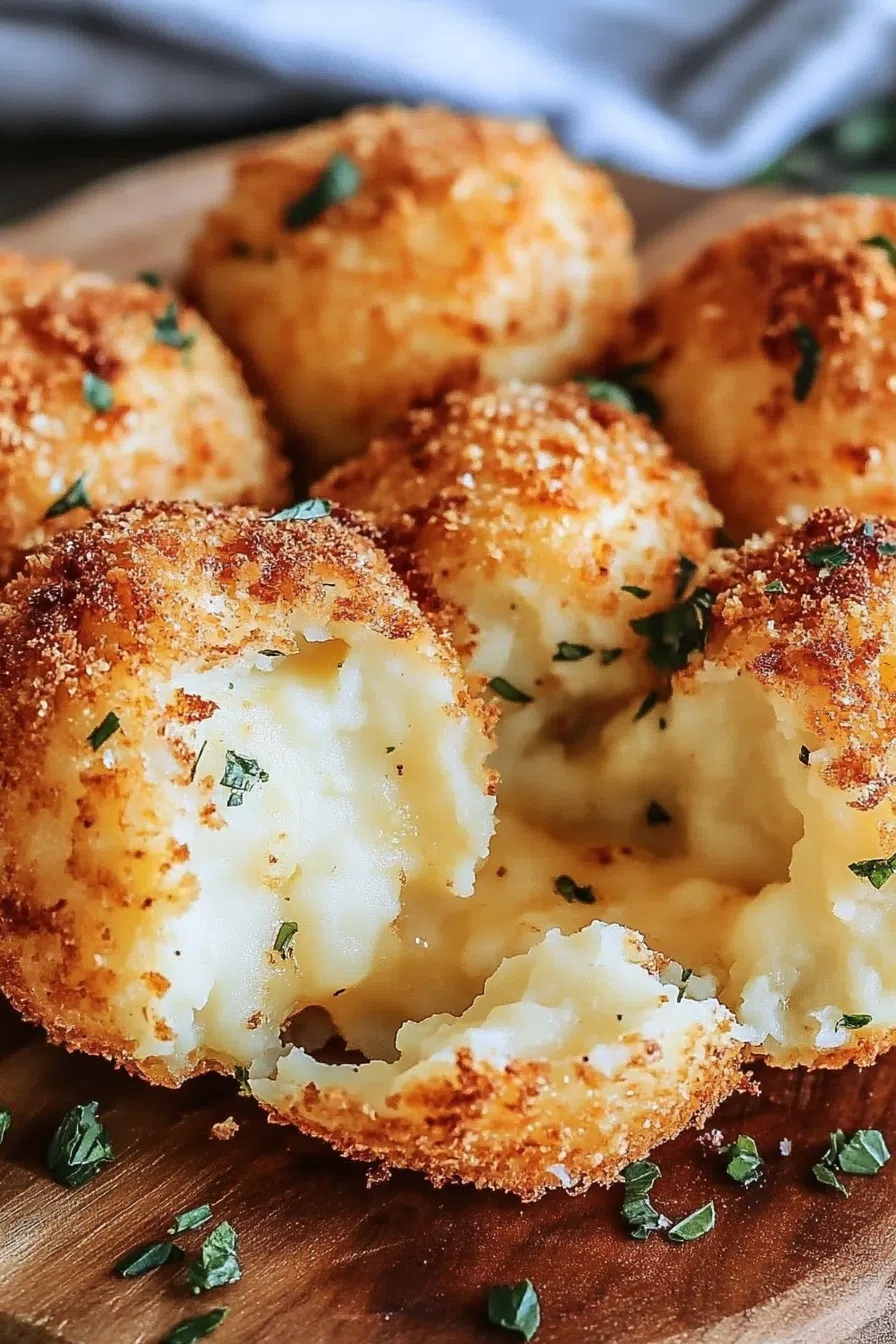 Crisp, round snacks with a soft, cheesy center on a neutral-toned plate.