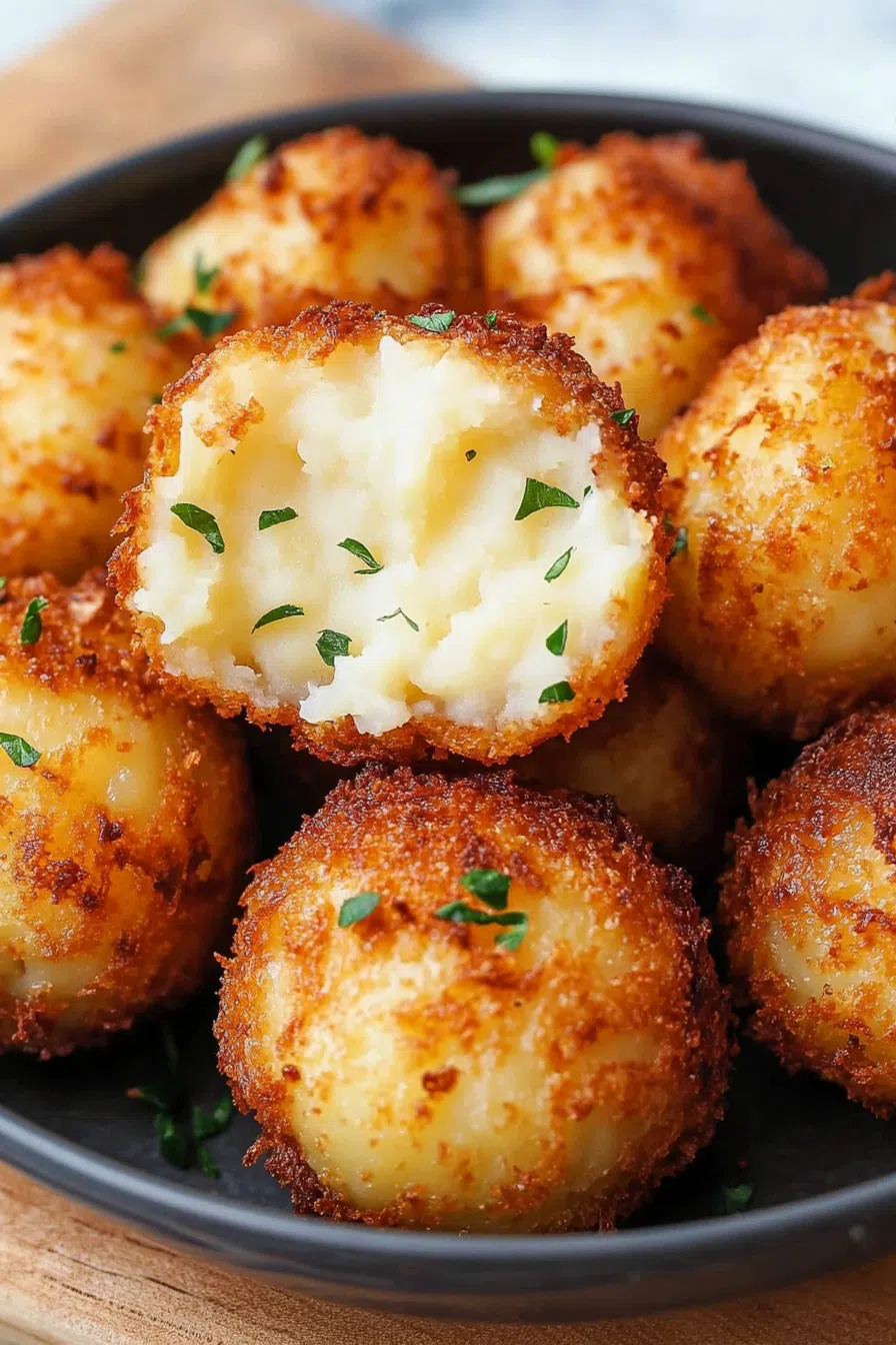 A single crisped ball broken open to reveal a creamy interior.