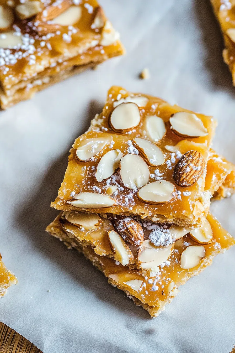Golden-brown snack squares arranged in a neat stack.