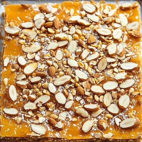 Caramelized dessert pieces with a glossy finish and nut topping.