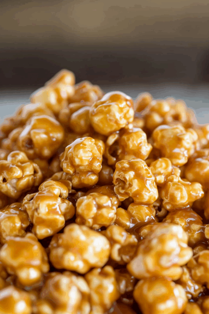 Overhead shot of a rustic snack setup featuring caramelized popcorn.