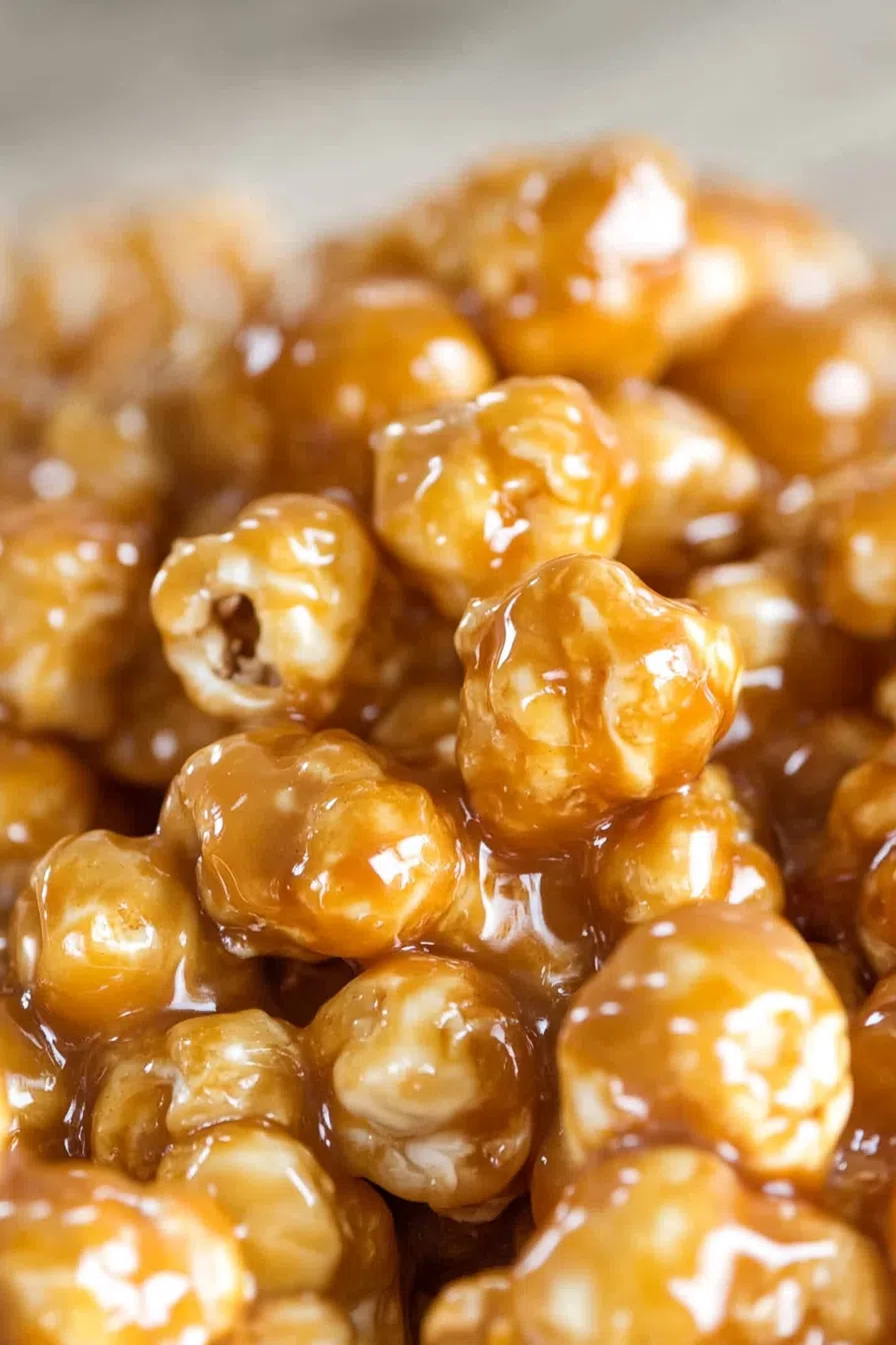 Close-up of crispy coated popcorn with a shiny glaze.