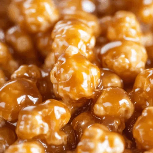 Close-up of sweet, crunchy snack with a caramelized coating.