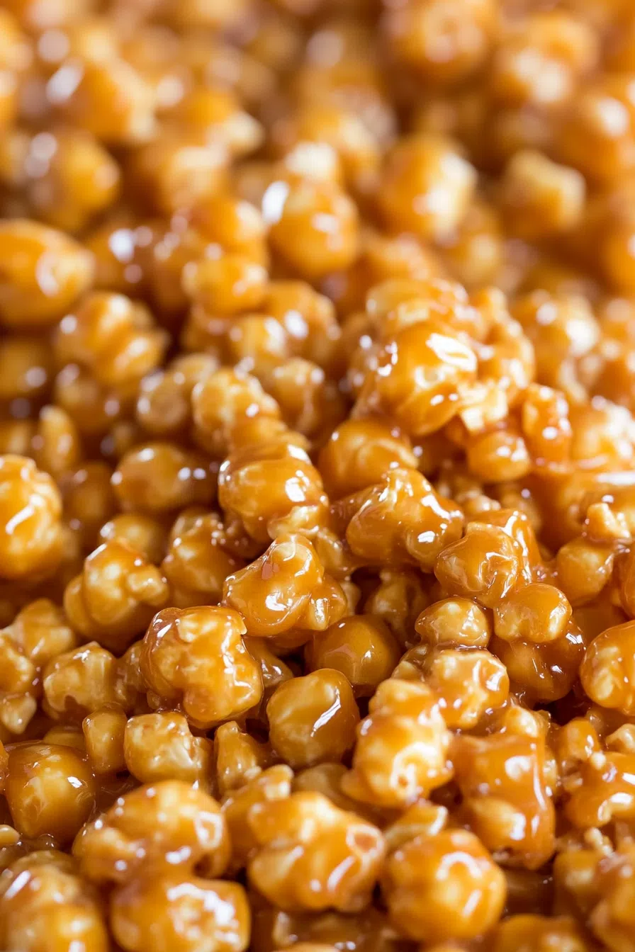 Overhead view of a homemade snack mix with a rich caramel sheen.