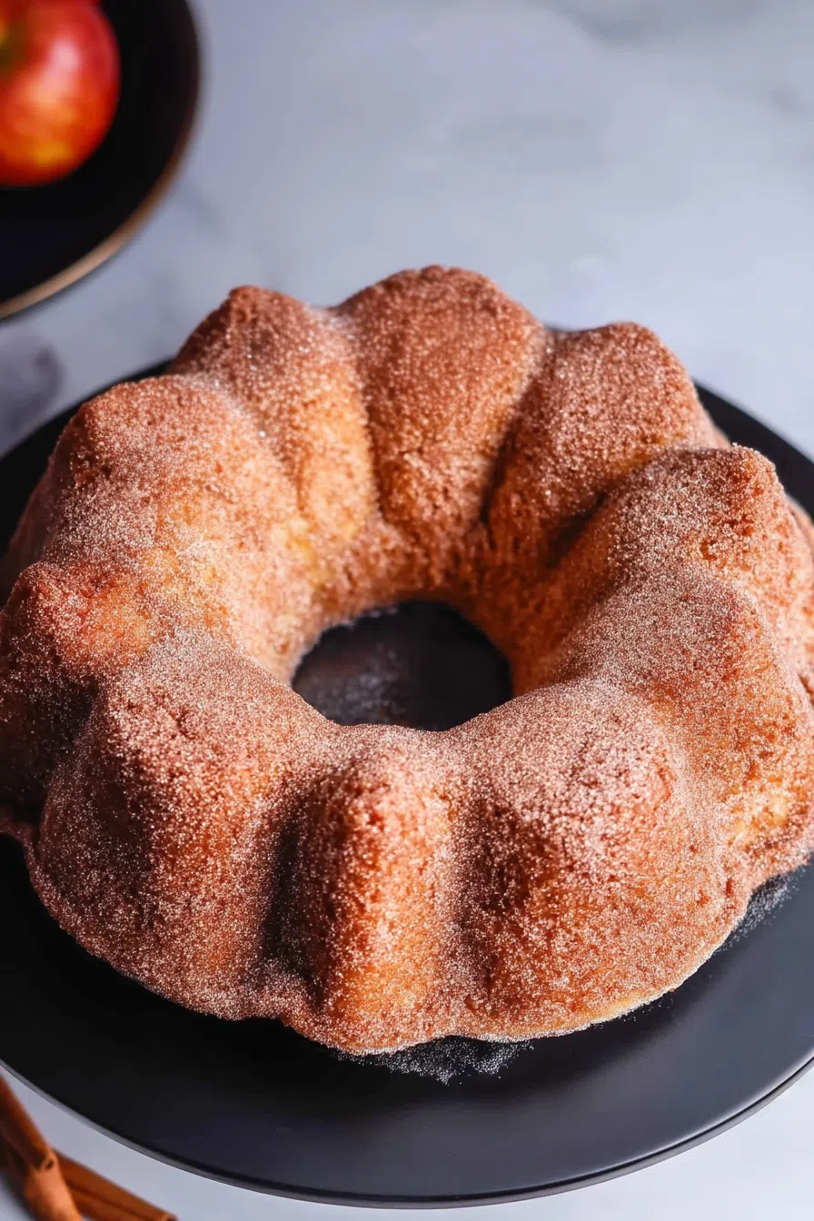 A golden, sugar-coated bundt cake displayed on a ceramic plate.