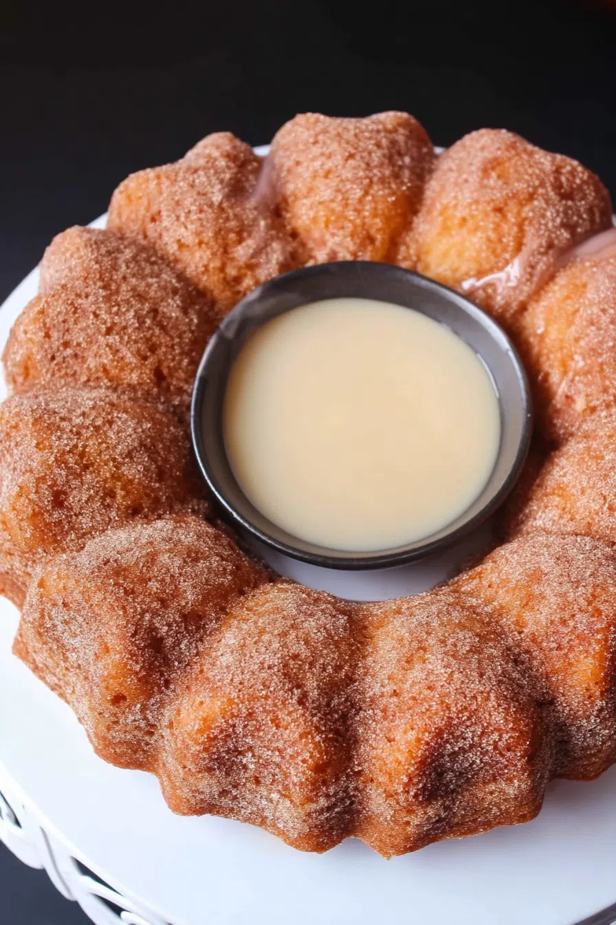 Golden brown bundt cake dusted with cinnamon sugar on a white plate.