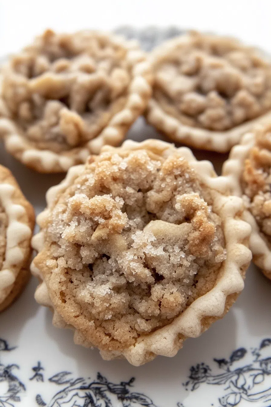 Close-up of a baked treat topped with a buttery crumble and hints of warm spice.