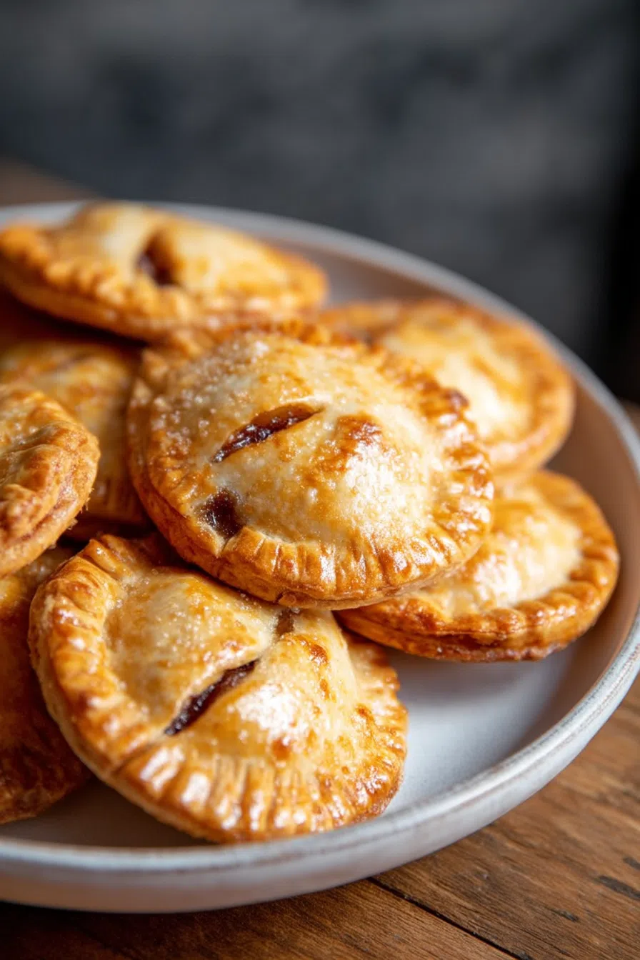 Golden-brown pastries arranged on a whte plate, with flaky crusts and crimped edges.