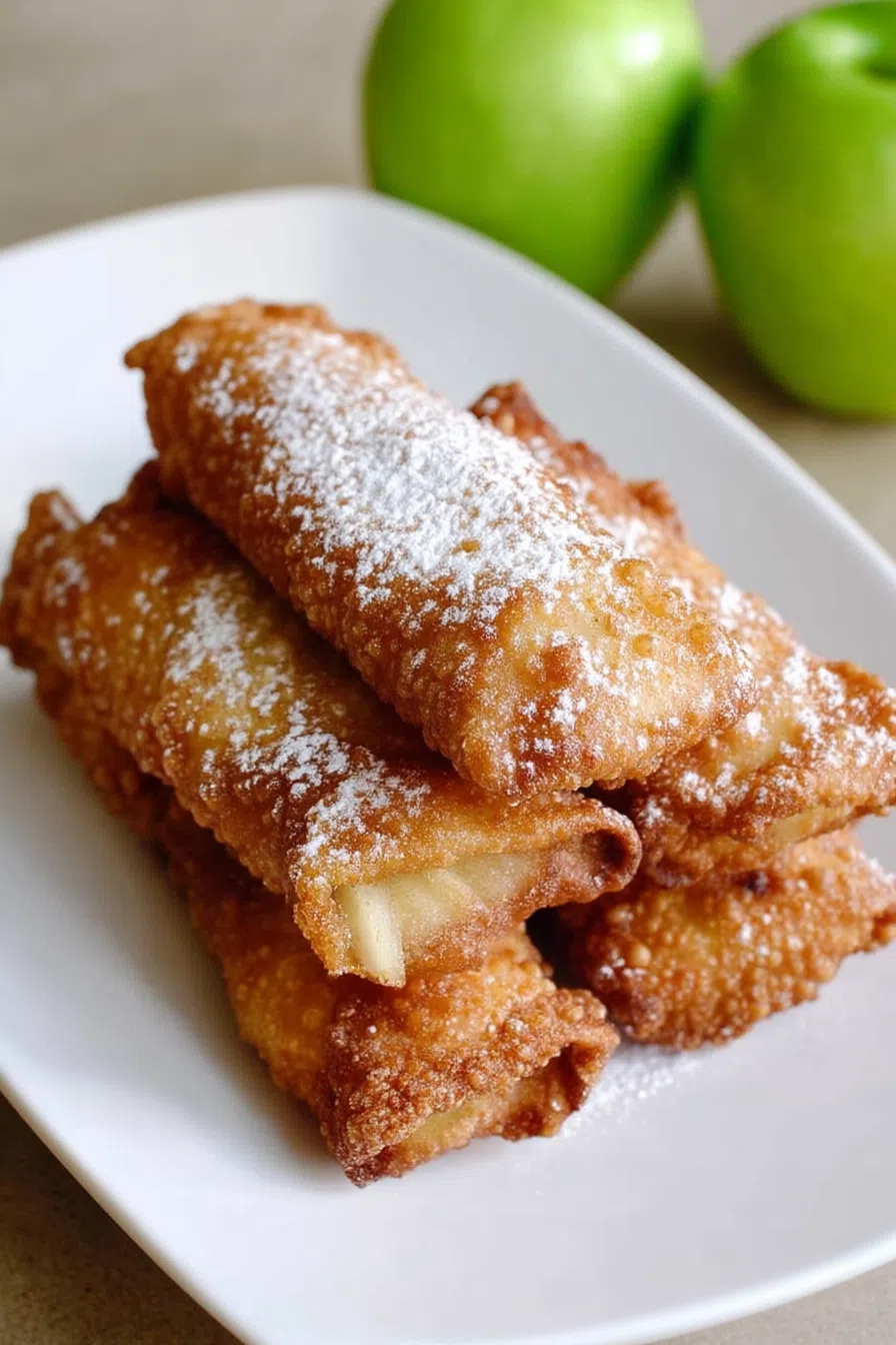 Golden-brown dessert rolls stacked on a white plate with a dusting of cinnamon sugar.