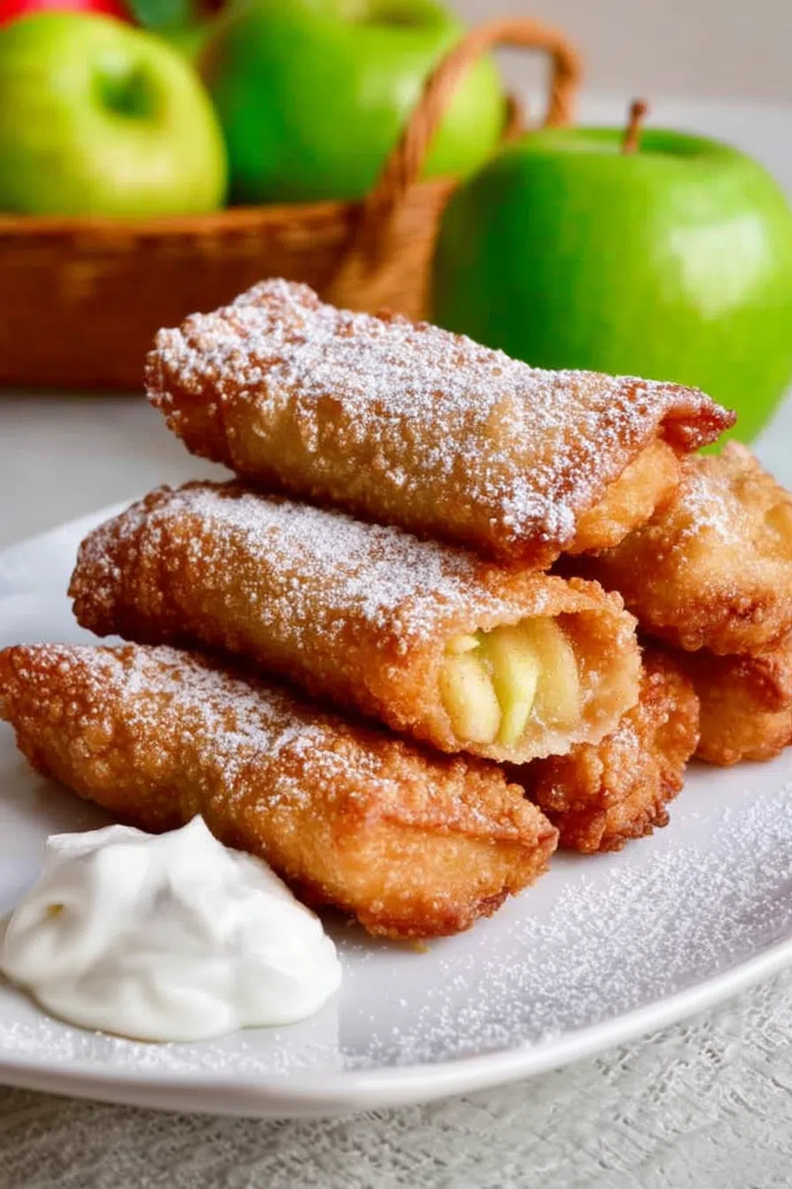 Crispy, golden rolls arranged on a ceramic plate with a dusting of powdered sugar.
