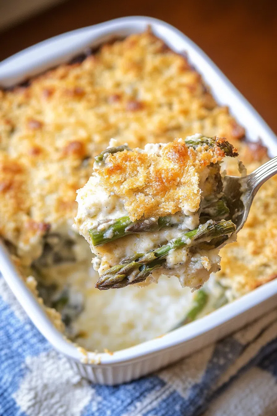 Side angle showing layers of baked vegetables and toasted topping.