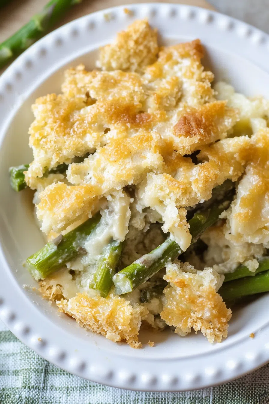 Close-up of a serving scooped onto a plate, showing crispy edges.