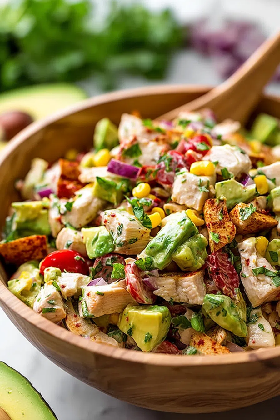 Close-up of a creamy mixture with visible herbs and diced vegetables.