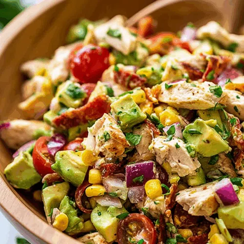 Chopped ingredients mixed and garnished with herbs on a plate.