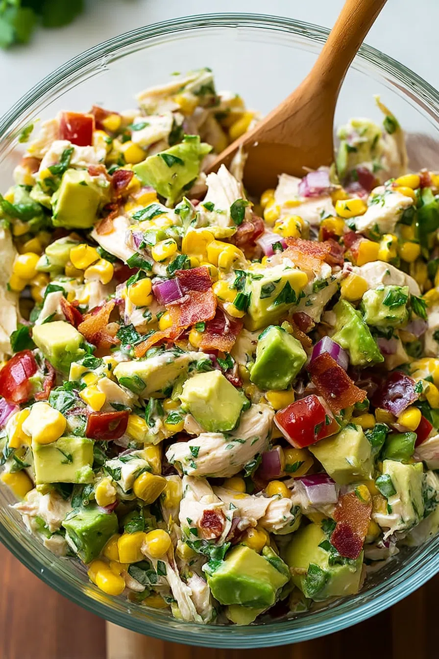 Fresh, colorful salad served in a glass bowl on a wooden table.