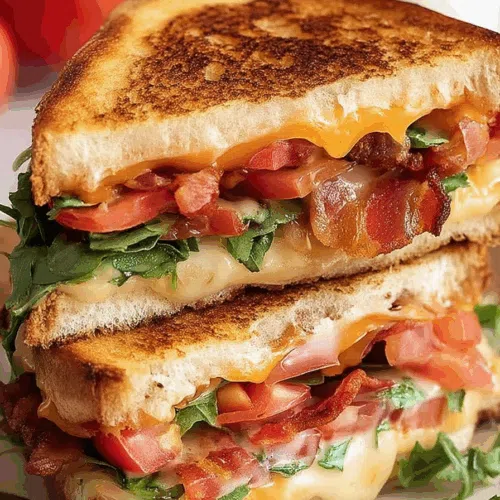 Side view of a melty, layered sandwich cut diagonally and served with a pickle.