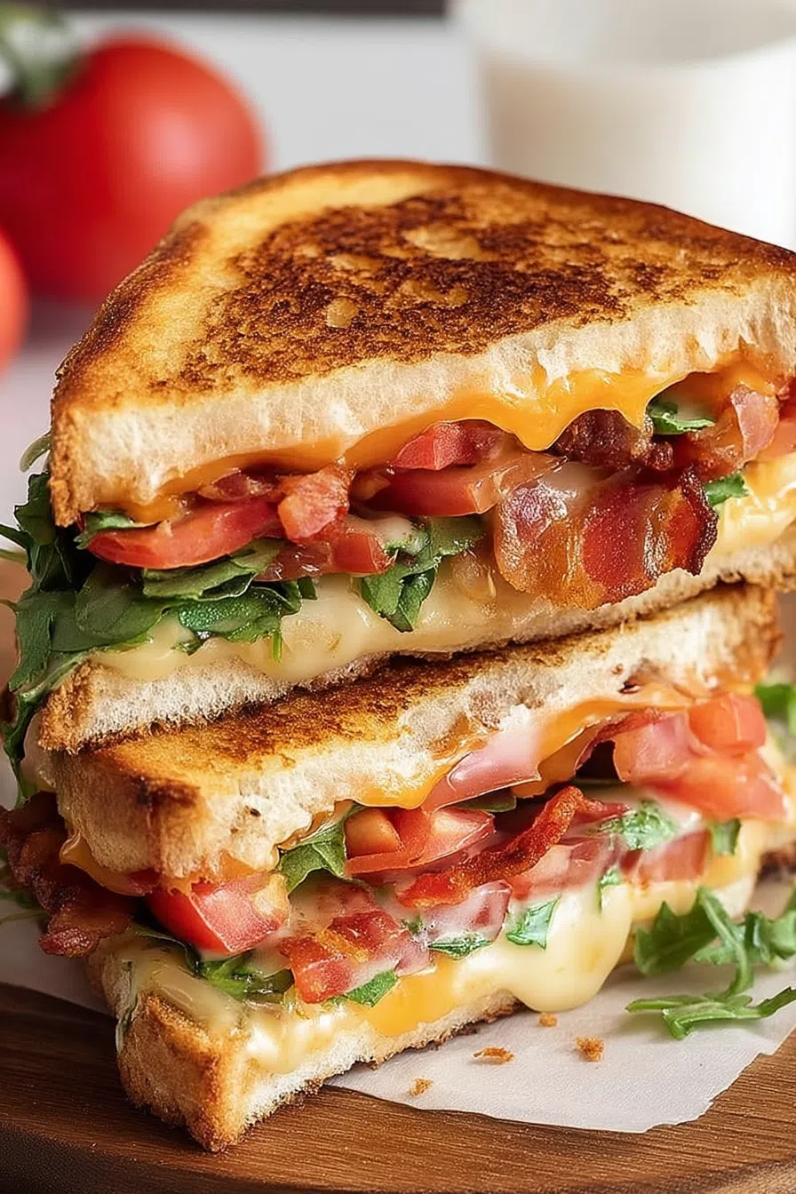 Side view of a melty, layered sandwich cut diagonally and served with a pickle.