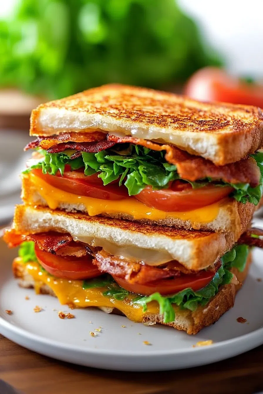 Golden, toasted sandwich halves stacked on a wooden board with a crisp interior peeking through.