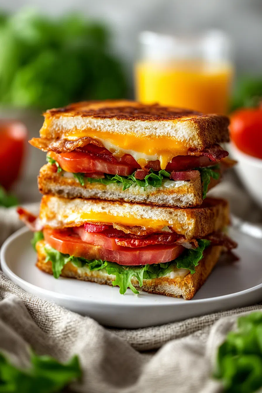 A cheesy sandwich placed on a plate with fresh greens in the background.