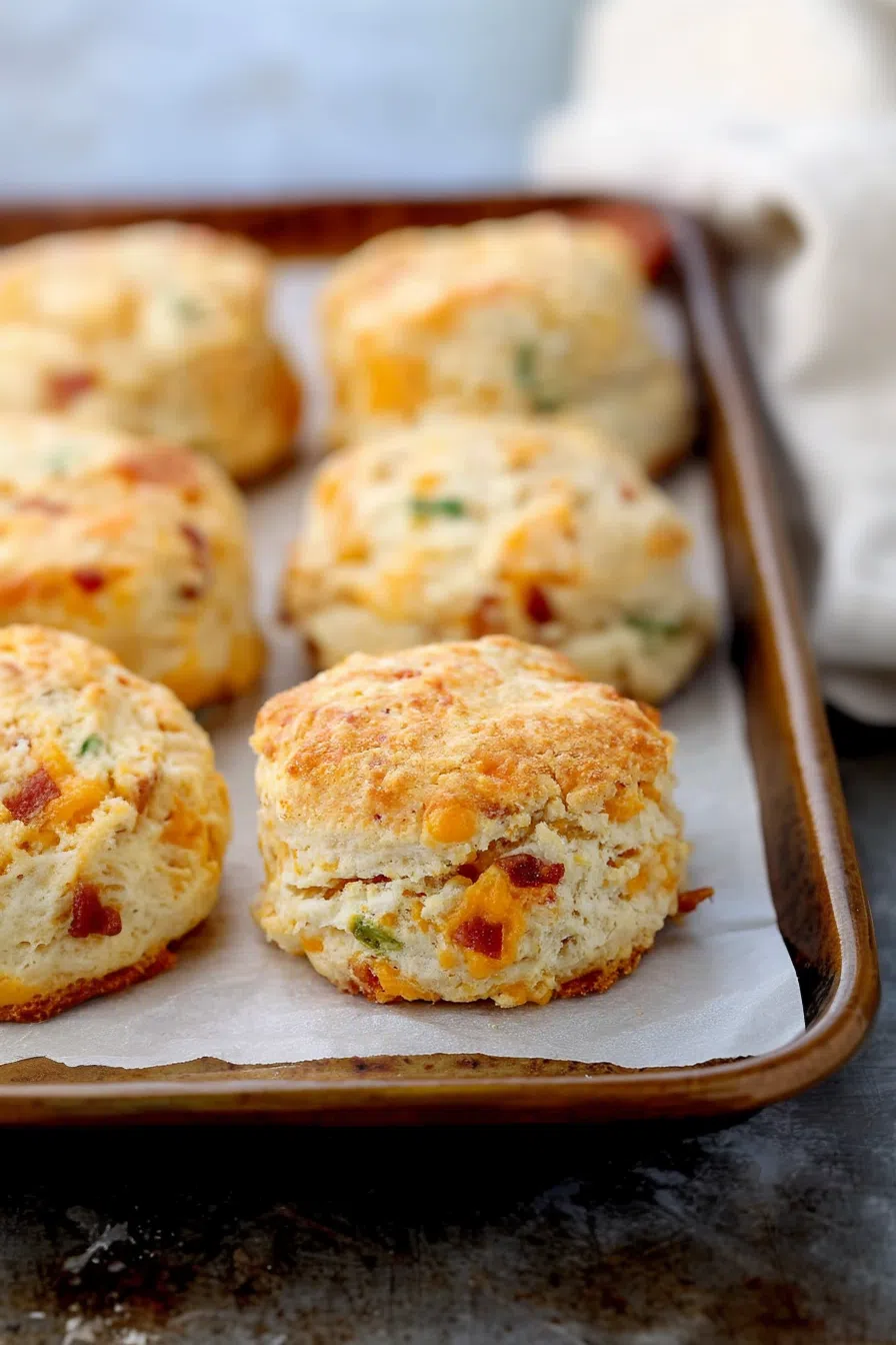 Flaky golden biscuits stacked on a baking tray with a pat of butter.