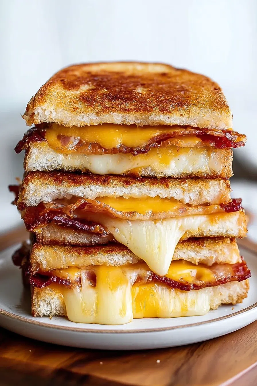Close-up of toasted bread with a savory filling, served with a pickle on the side.
