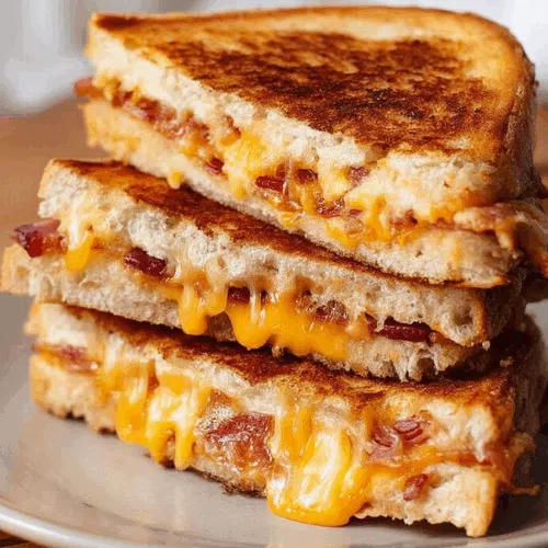 Side view of a sandwich cut diagonally, revealing layers of melted filling.