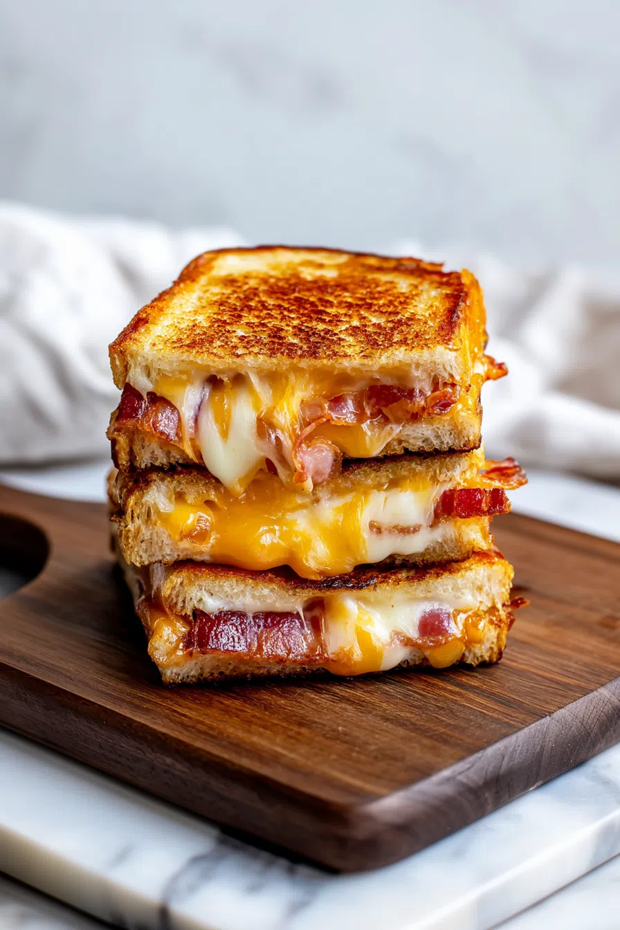 Toasted sandwich halves stacked with melted cheese and crispy edges on display.