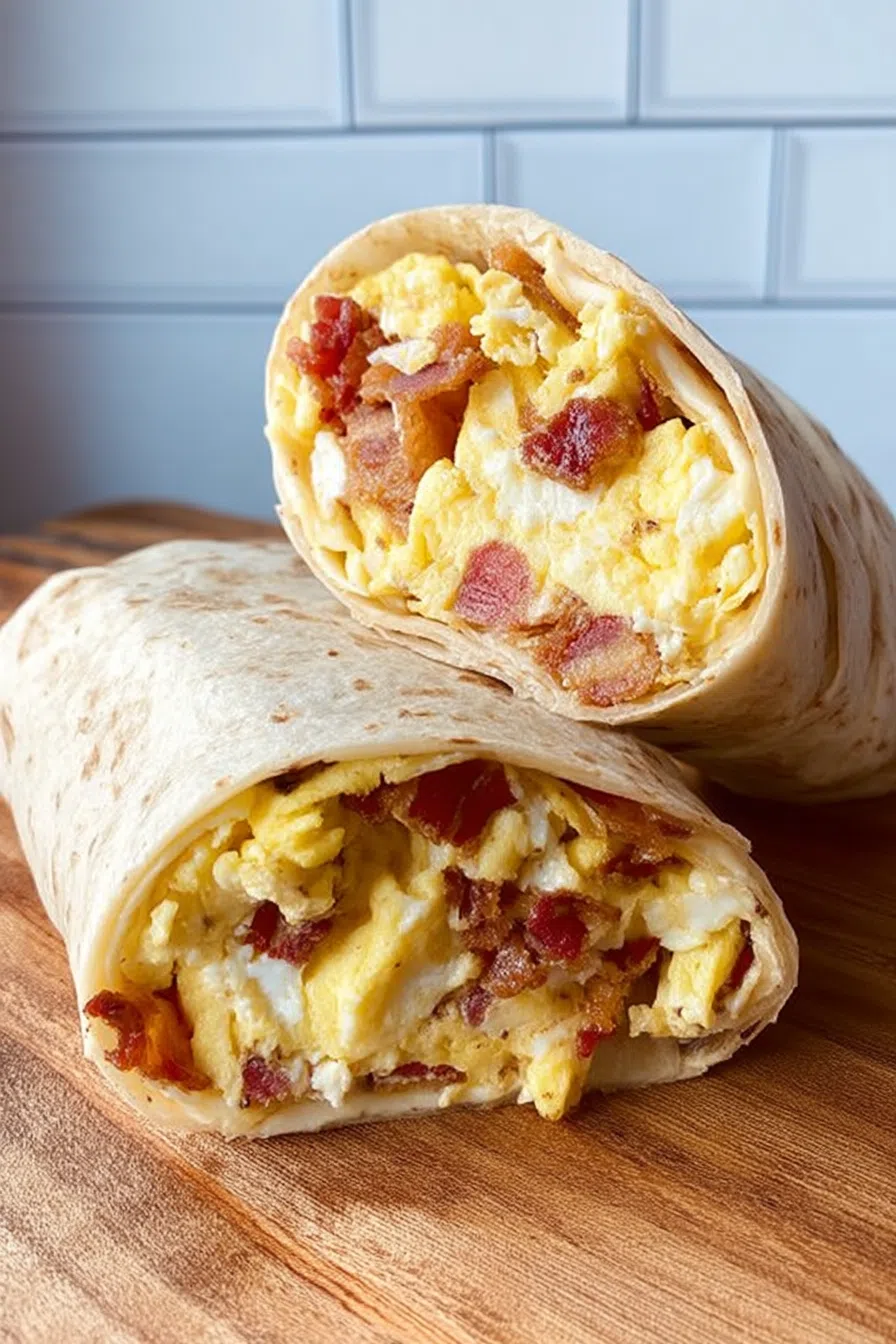 Neatly wrapped breakfast item with crispy edges on a rustic cutting board.