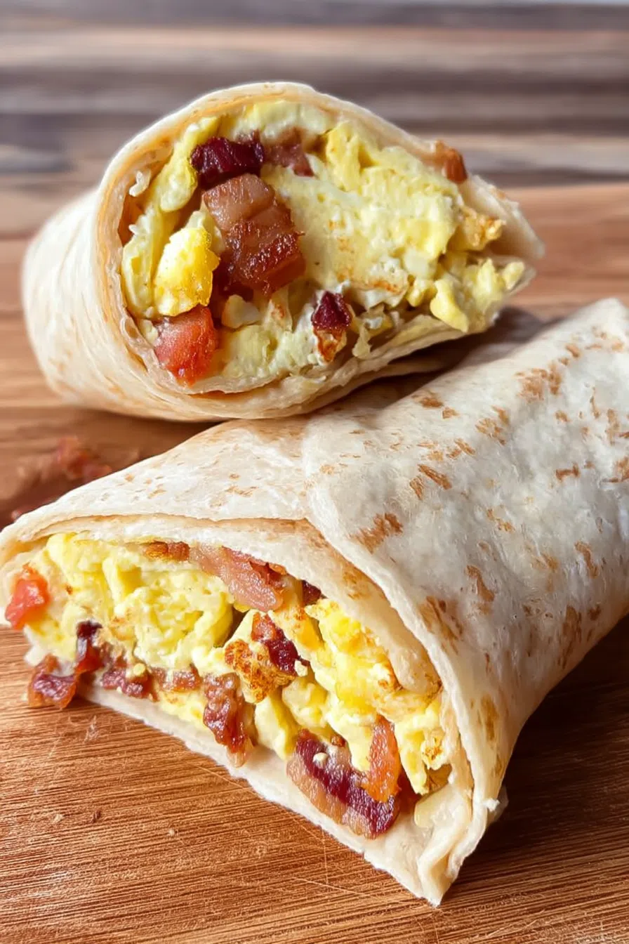 Close-up of a toasted wrap sliced in half to reveal its savory filling.