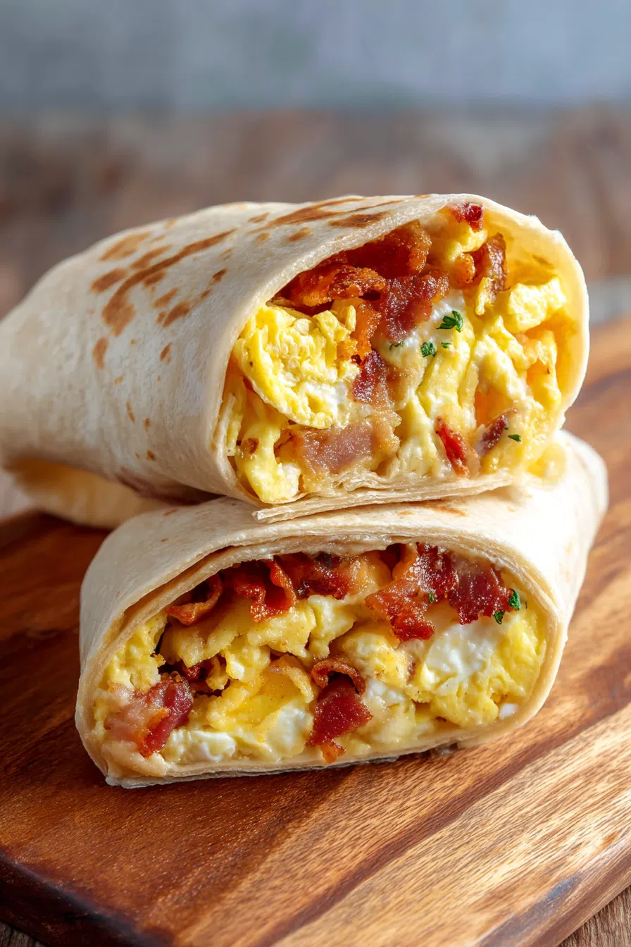 Crispy handheld breakfast item styled on a wooden board.