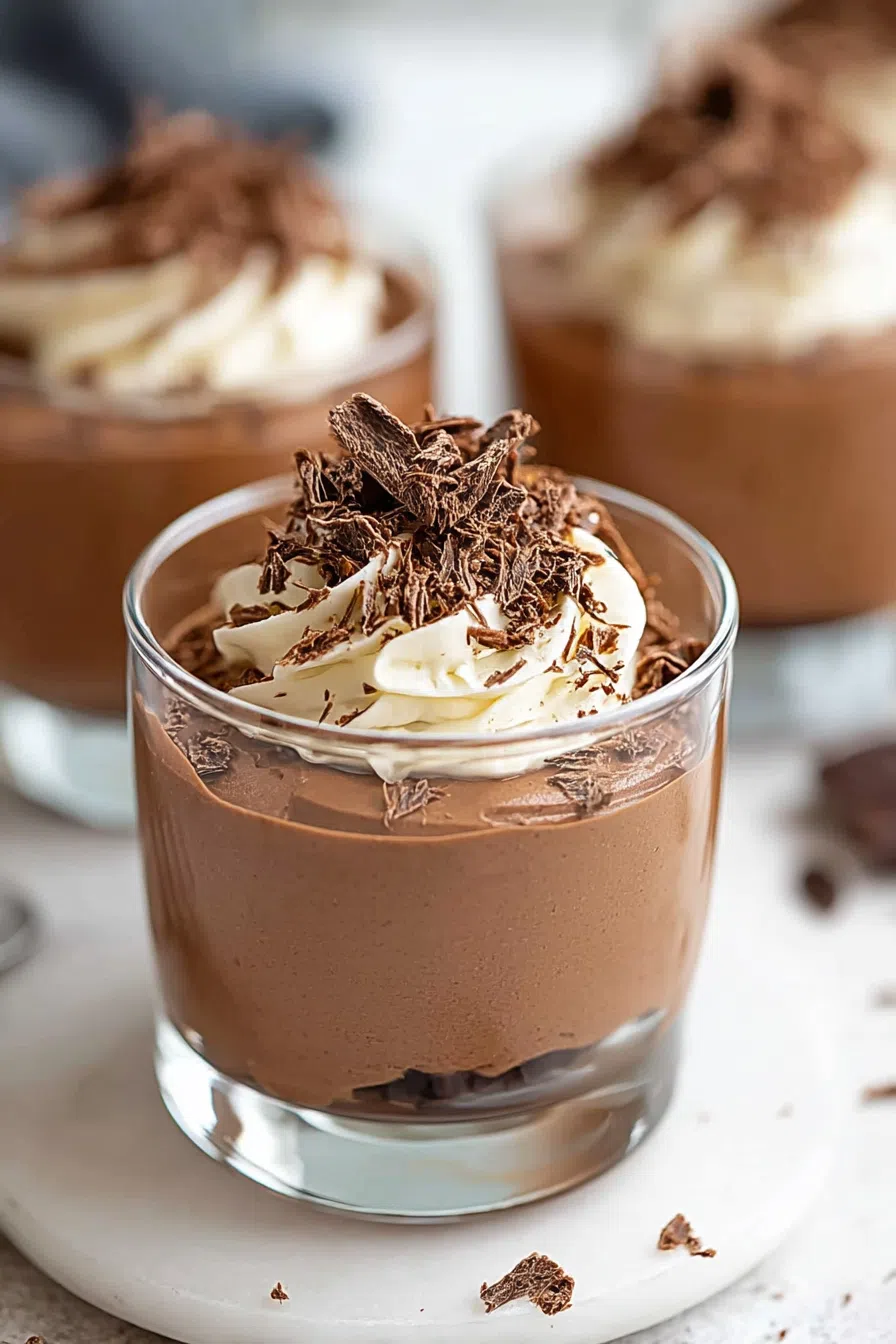 Chilled dessert in a glass, garnished with a dusting of cocoa powder