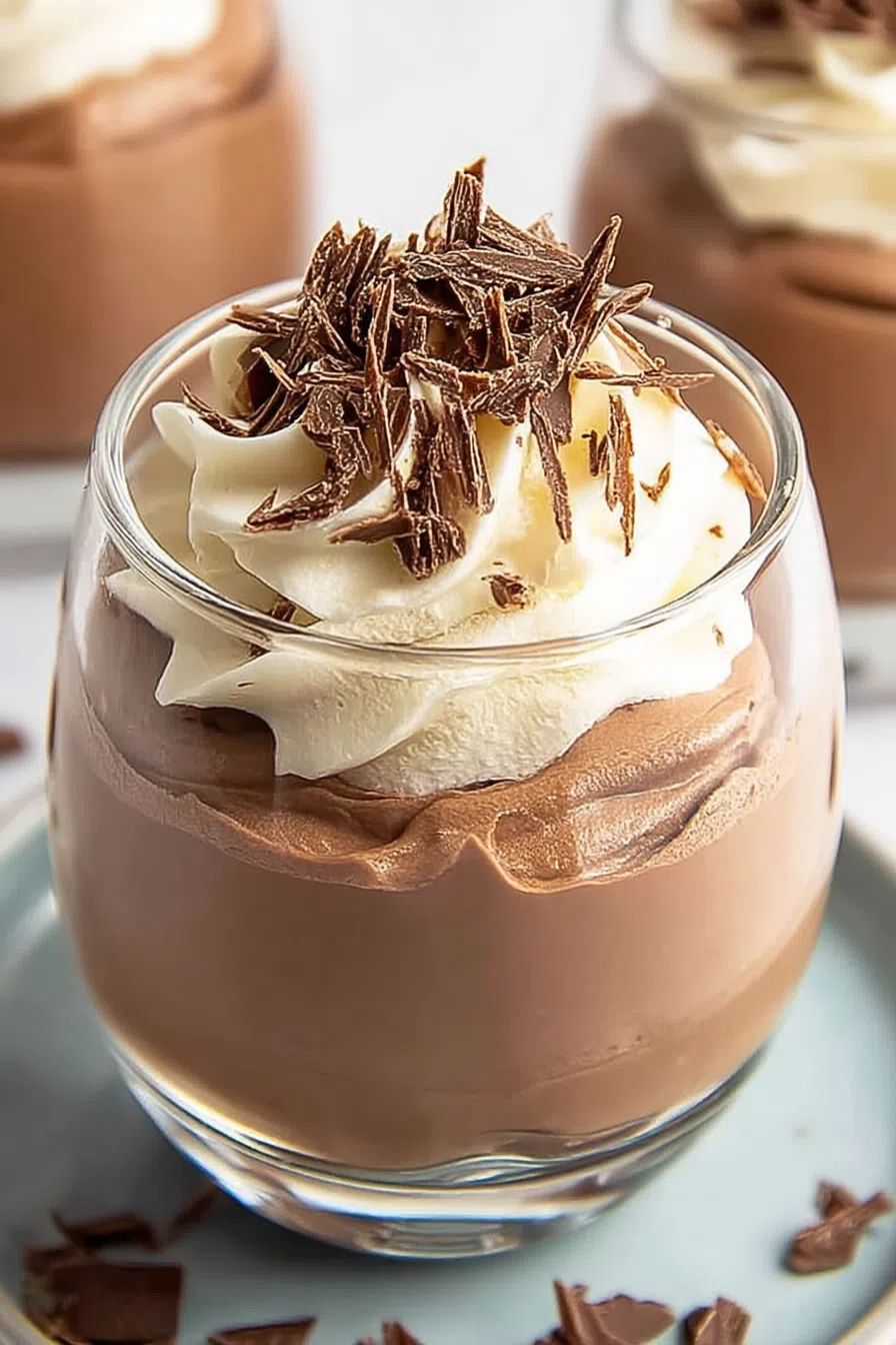 Close-up of a silky, chocolatey mousse with a decorative swirl on top.