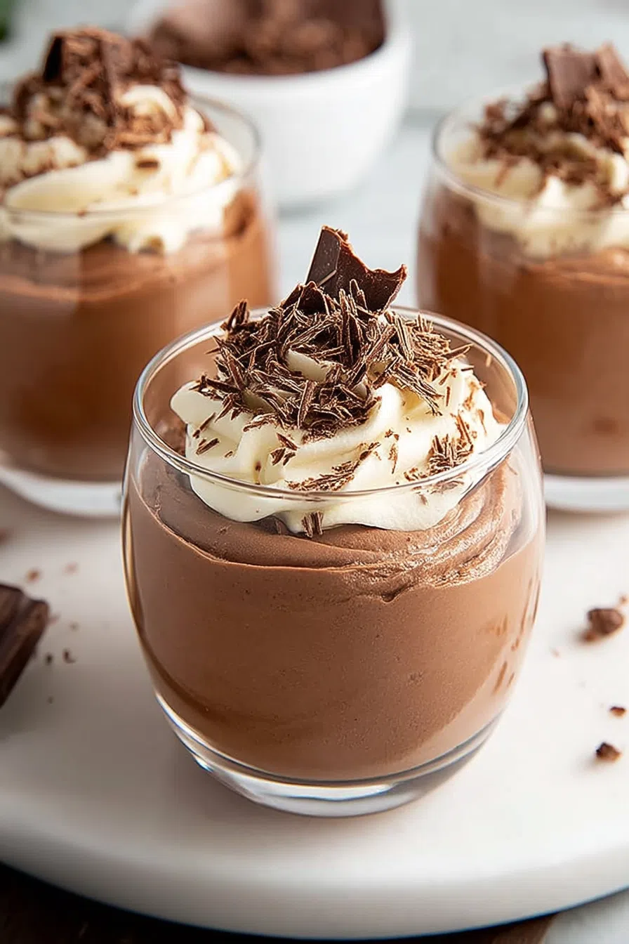 Individual dessert cup topped with piped whipped cream and a sprinkle of cocoa.