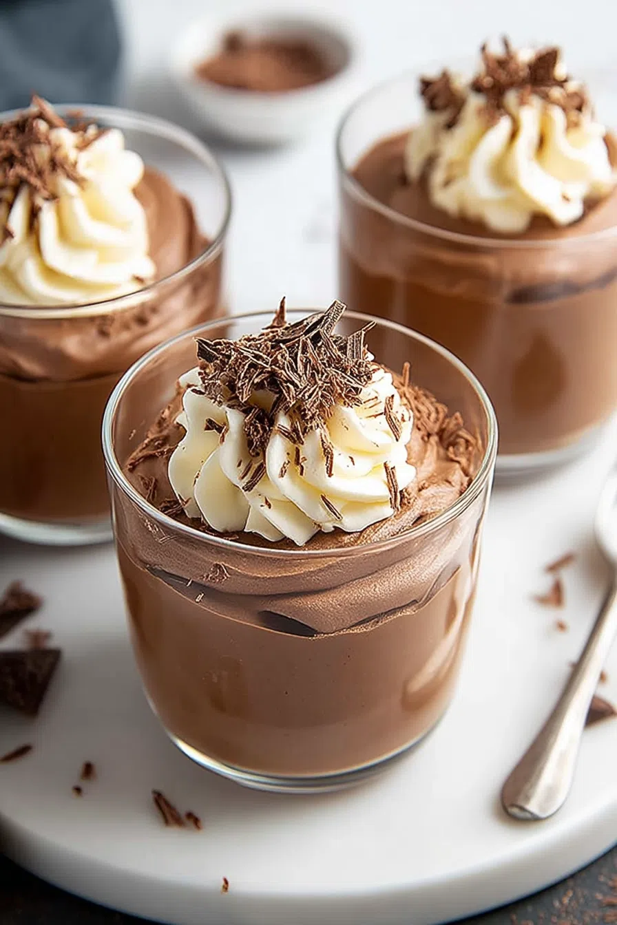 Overhead view of a rich, airy dessert served in small ramekins with a spoon on the side.