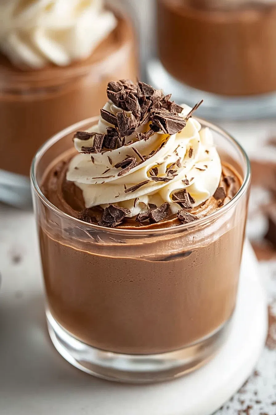 Elegant glass dish filled with a creamy, layered treat and chocolate curls.