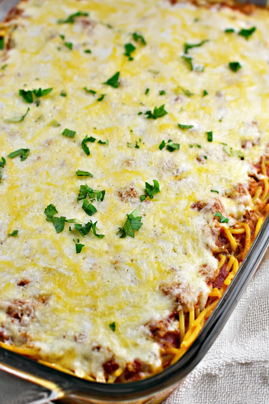 Cheesy pasta dish fresh out of the oven, with a golden, bubbling top.