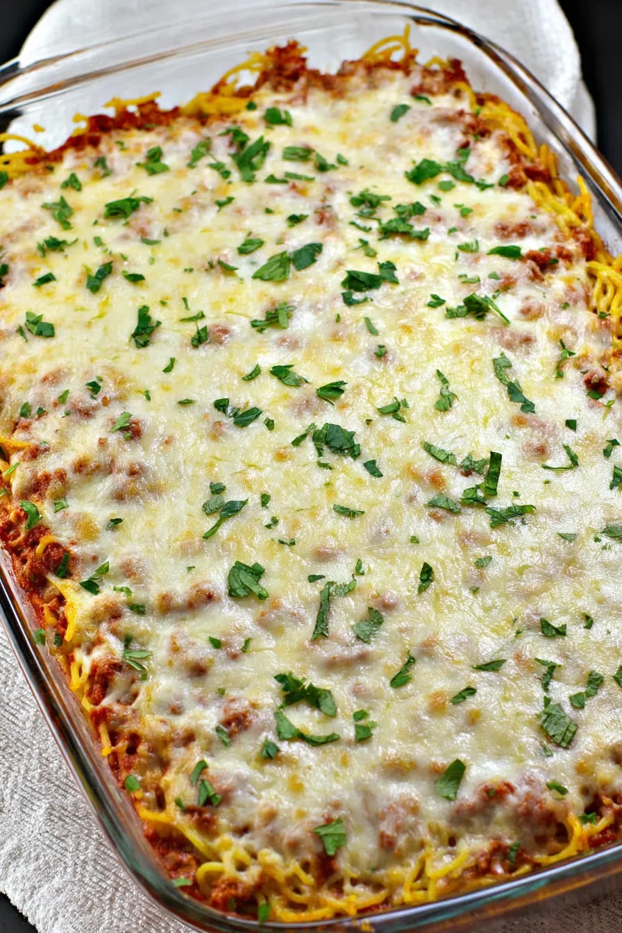 Top-down view of a bubbling baked dish with a browned cheese crust.