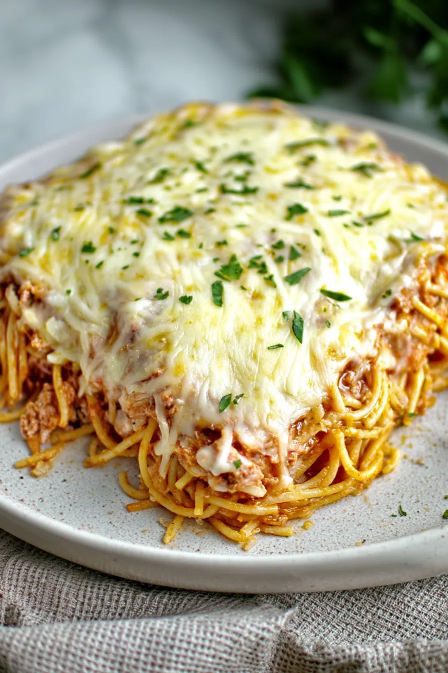 Serving of creamy, baked pasta on a white plate with parsley garnish.