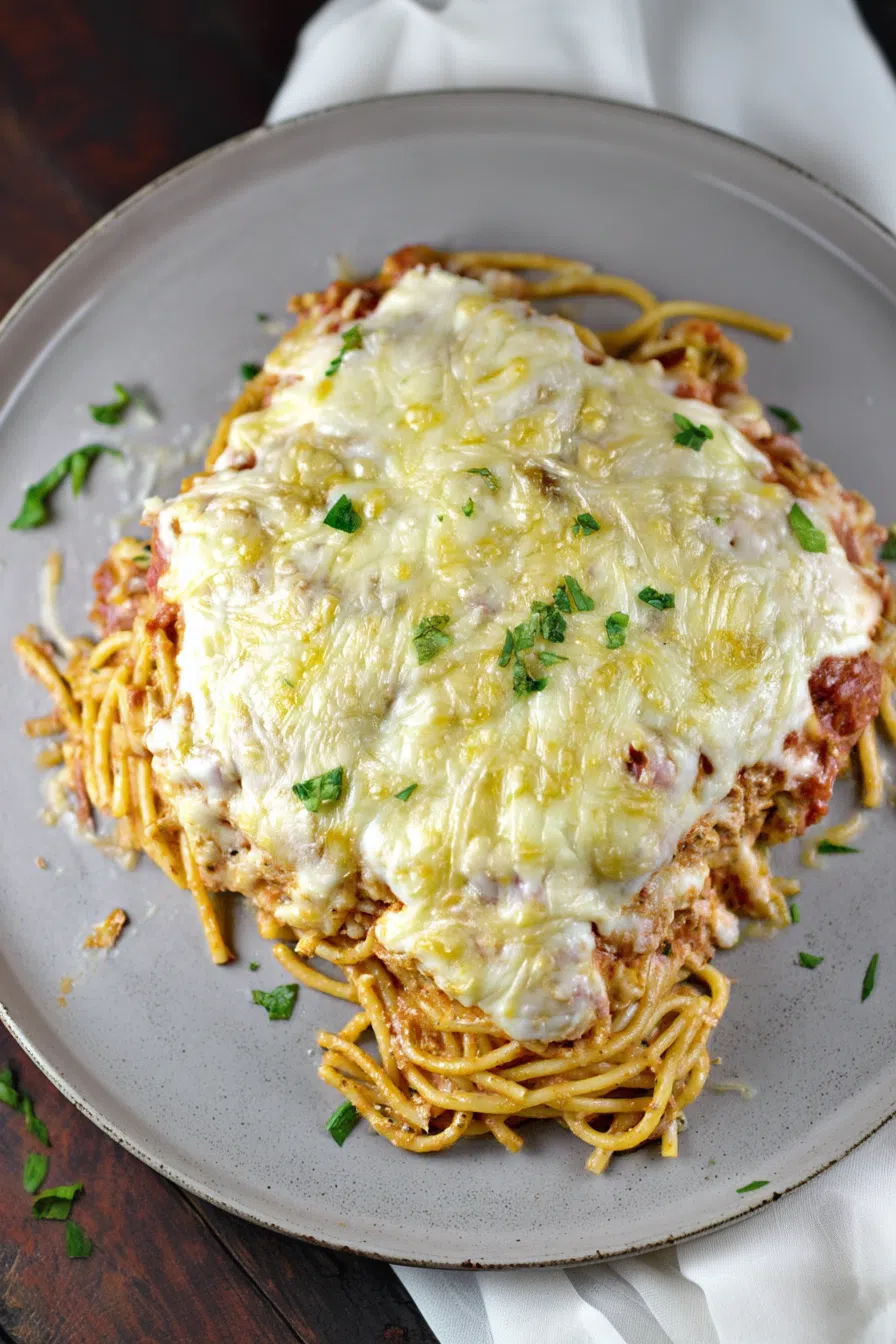 Hearty baked meal with layers of sauce and noodles, ready to serve.