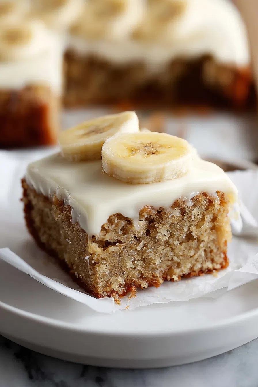 Moist square of cake topped with creamy frosting on a white plate.