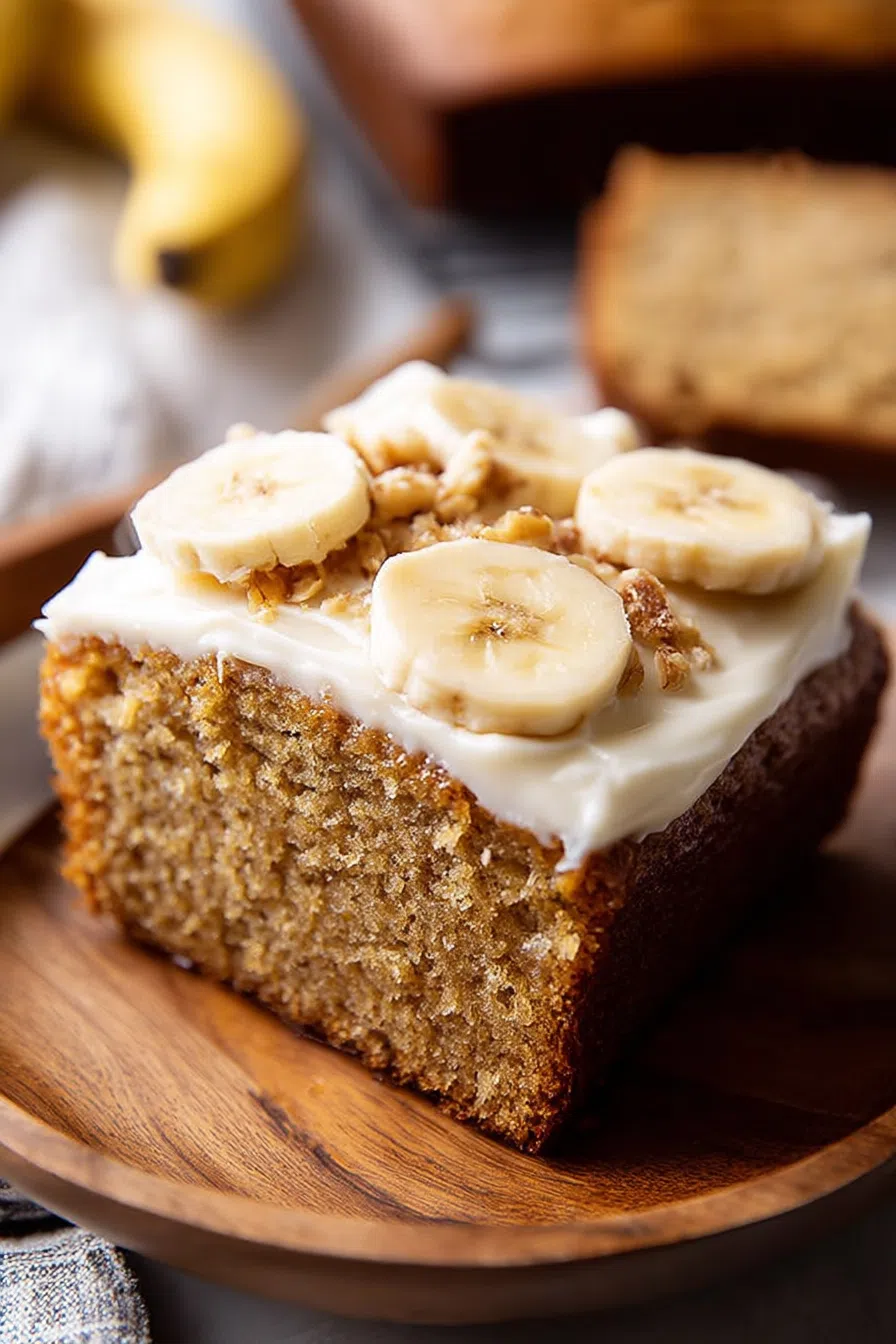 Frosted dessert squares arranged on a wooden board.