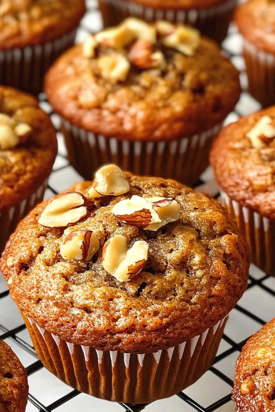 Close-up of moist, fluffy muffin interiors with specks of walnut throughout