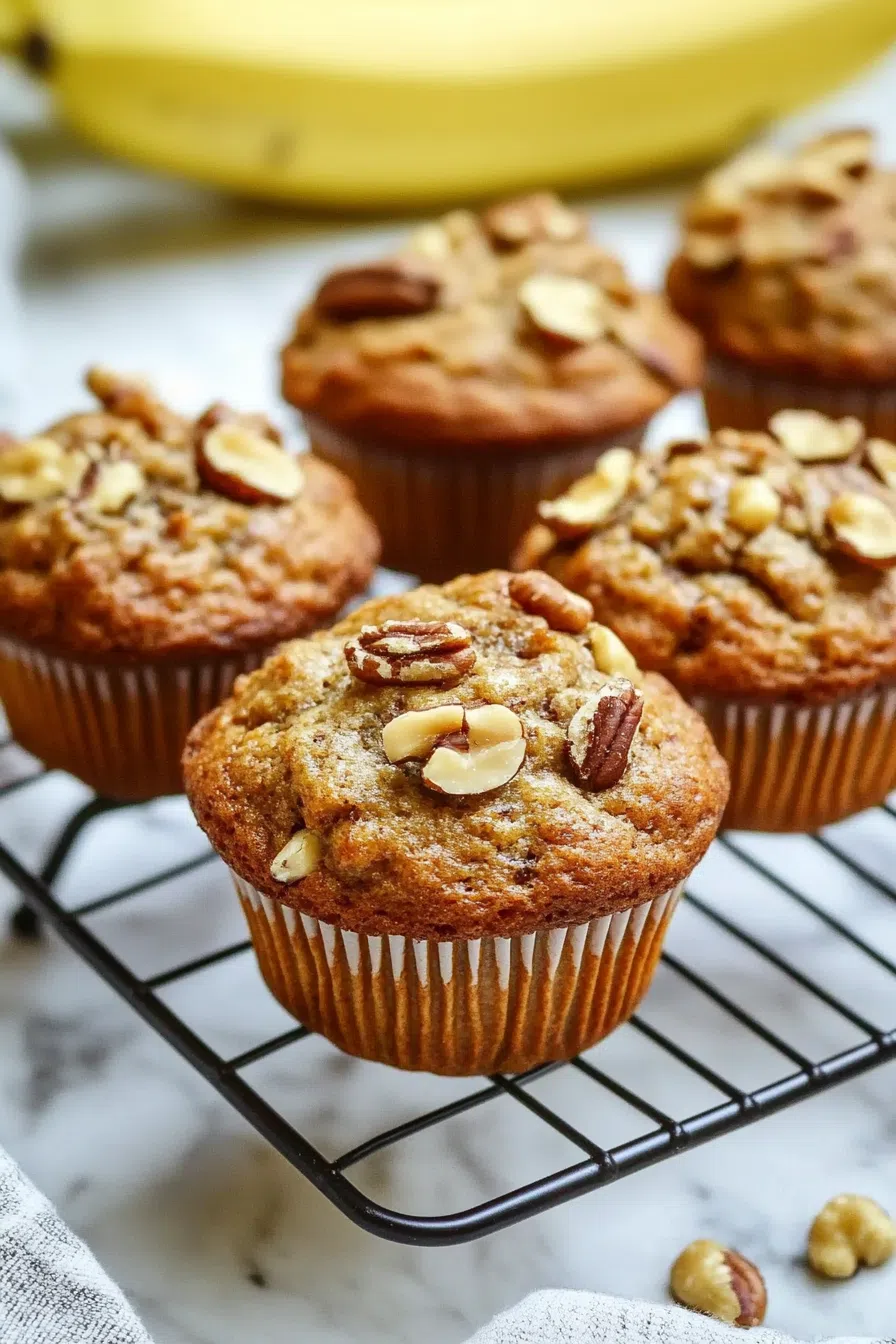 Freshly baked muffins with golden tops and visible chopped nuts, arranged on a cooling rack