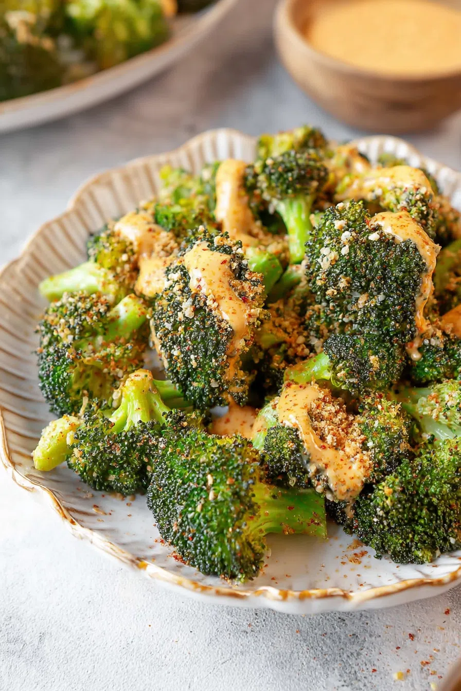 Vibrant, plant-based side dish presented with a drizzle of sauce on top.