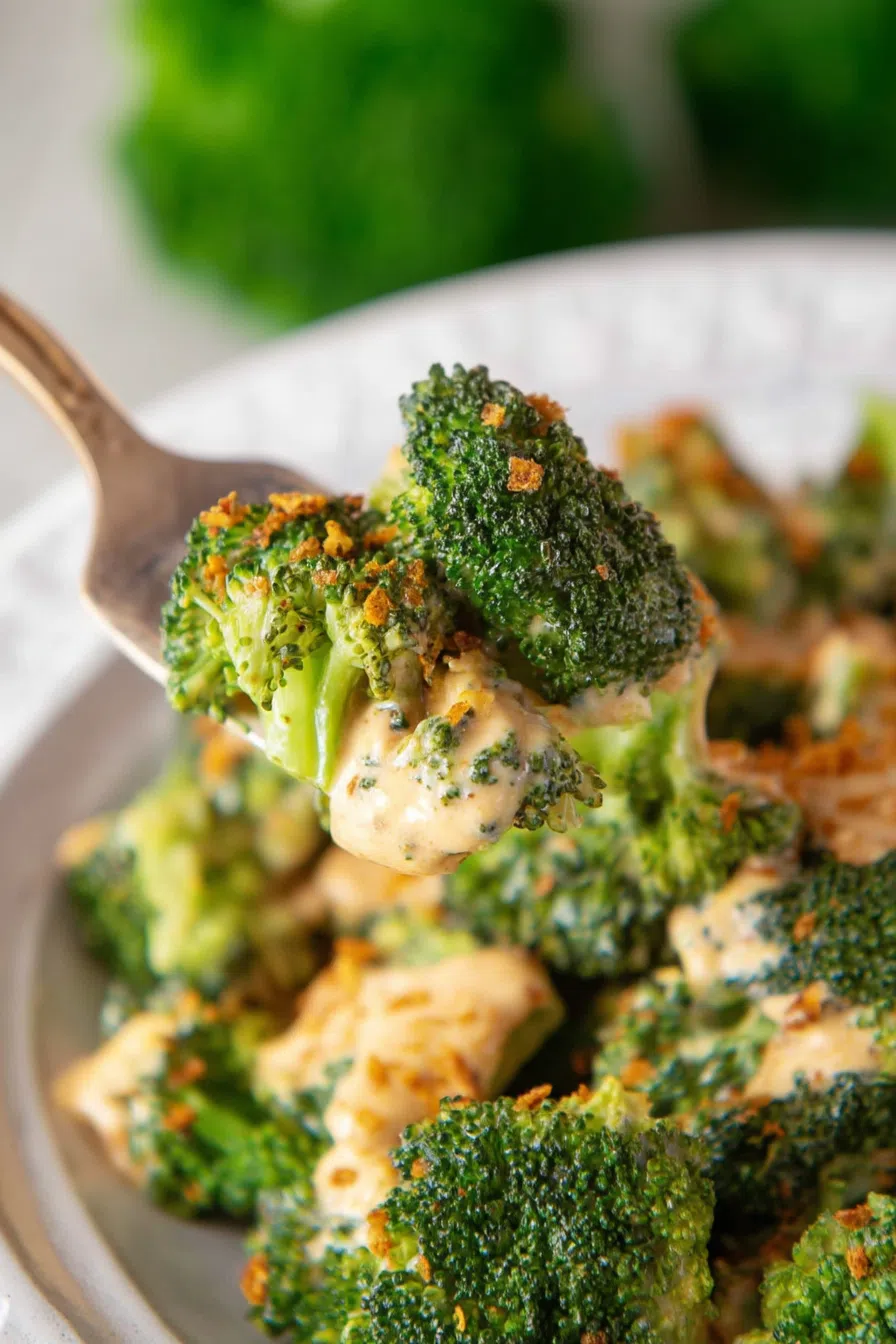 Forkful of dressed greens and roasted veggies ready to eat.