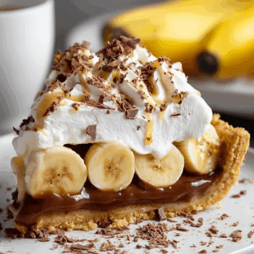 Close-up of a layered pie showing golden crust, caramel filling, and banana slices.